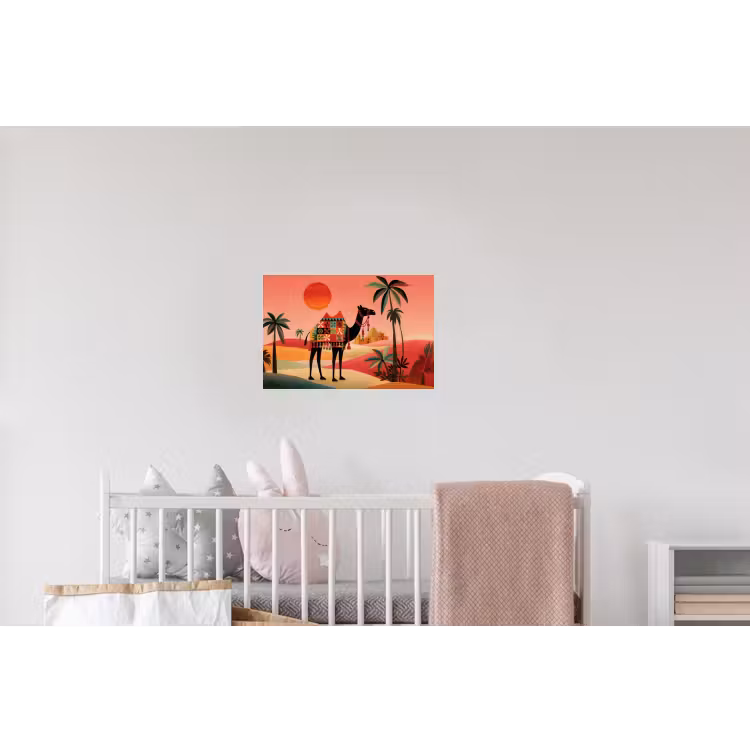 Kameel - Gekleurd tapijt - Duinen - Rode zon Muursticker klein -kinderkamer