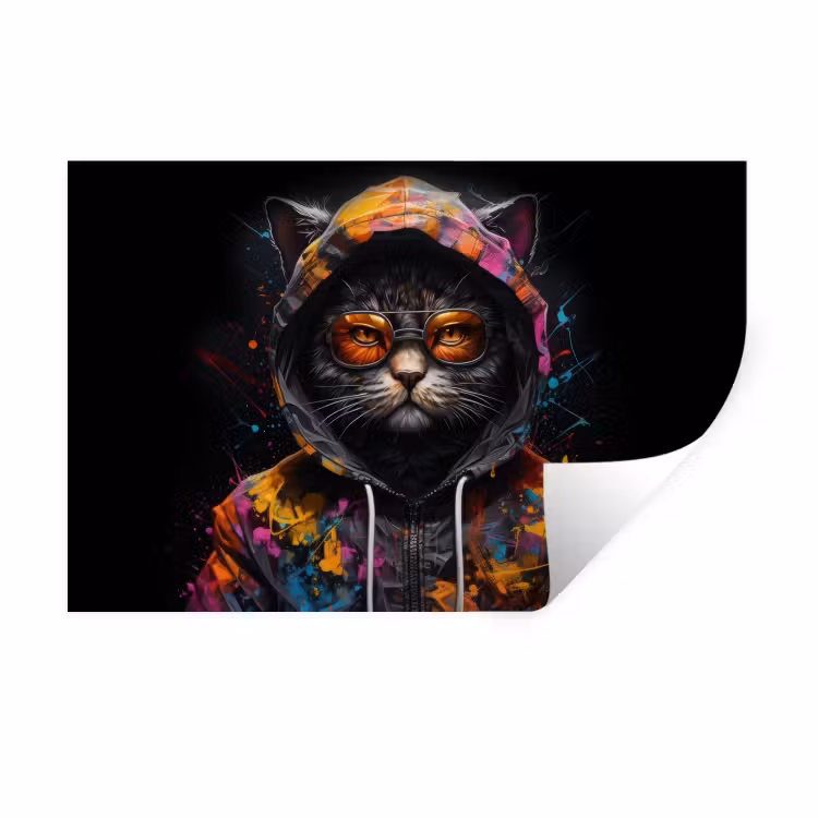 Kat - Jas - Graffiti - Bril - Zwart Muursticker klein -3d