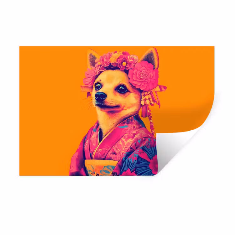 Kimono - Hondje - Bloemenkroon - Oranje Muursticker klein -3d