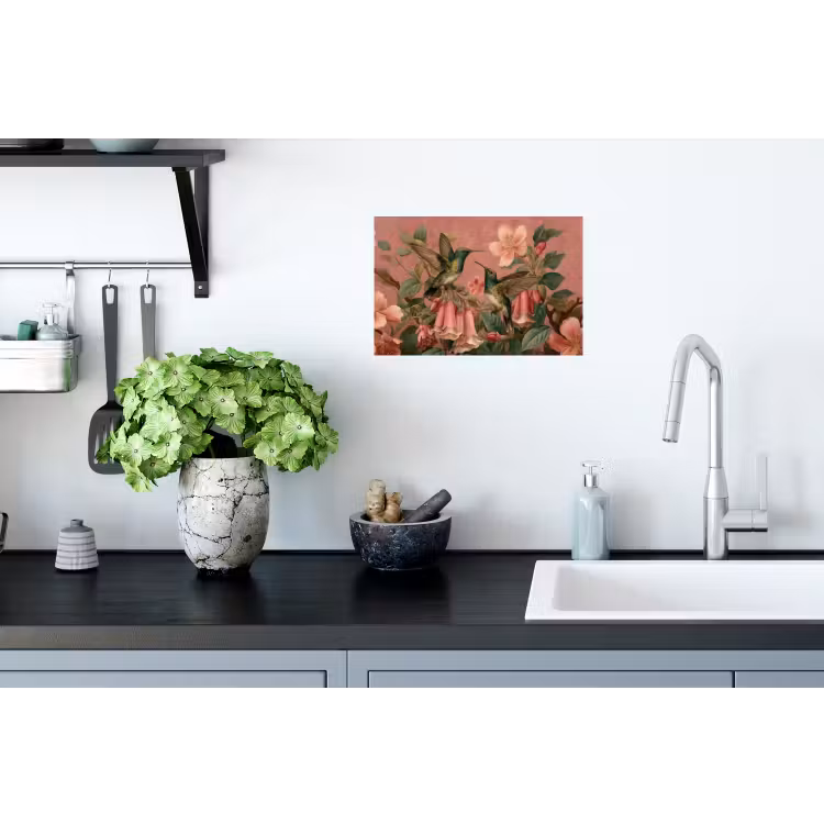 Kolibries - Bloemen - Groen - Roze Muursticker klein -keuken
