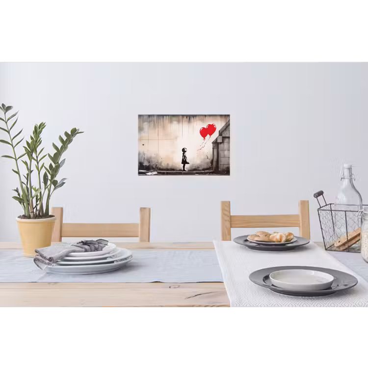 Kunst - Meisje - Ballonnen - Hart - Grijs Muursticker klein -eettafel