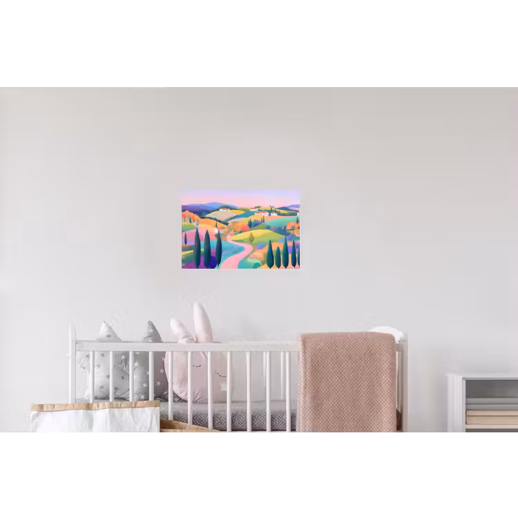 Landschap - Paars - Pastel - Huizen Muursticker klein -kinderkamer
