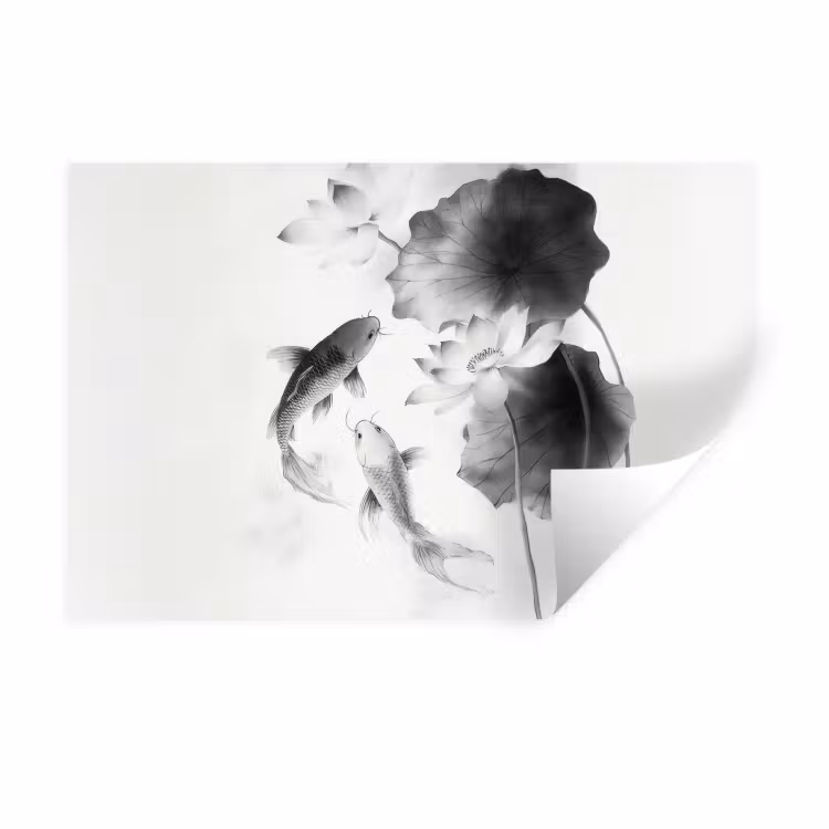 Lotusbloemen - Vissen - Bladeren - Zwart Muursticker klein -3d