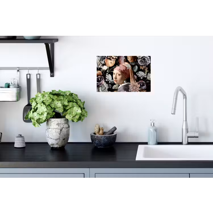 Meisje met de parel - Bloemen - Vermeer - Pastel - Kunstwerk - Schilderij - Oude meesters Muursticker klein -keuken