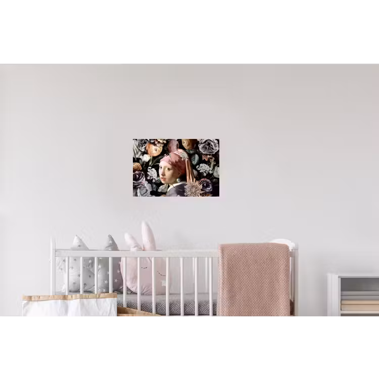 Meisje met de parel - Bloemen - Vermeer - Pastel - Kunstwerk - Schilderij - Oude meesters Muursticker klein -kinderkamer