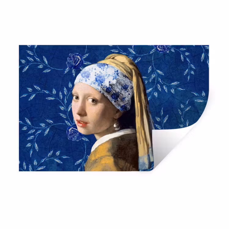 Meisje met de parel - Delfts blauw - Vermeer - Bloemen - Schilderij - Oude meesters Muursticker klein -3d