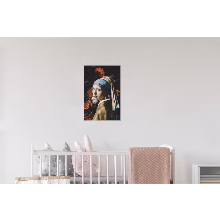 Meisje met de parel - Johannes Vermeer - Bloemen - Rood Muursticker klein -kinderkamer