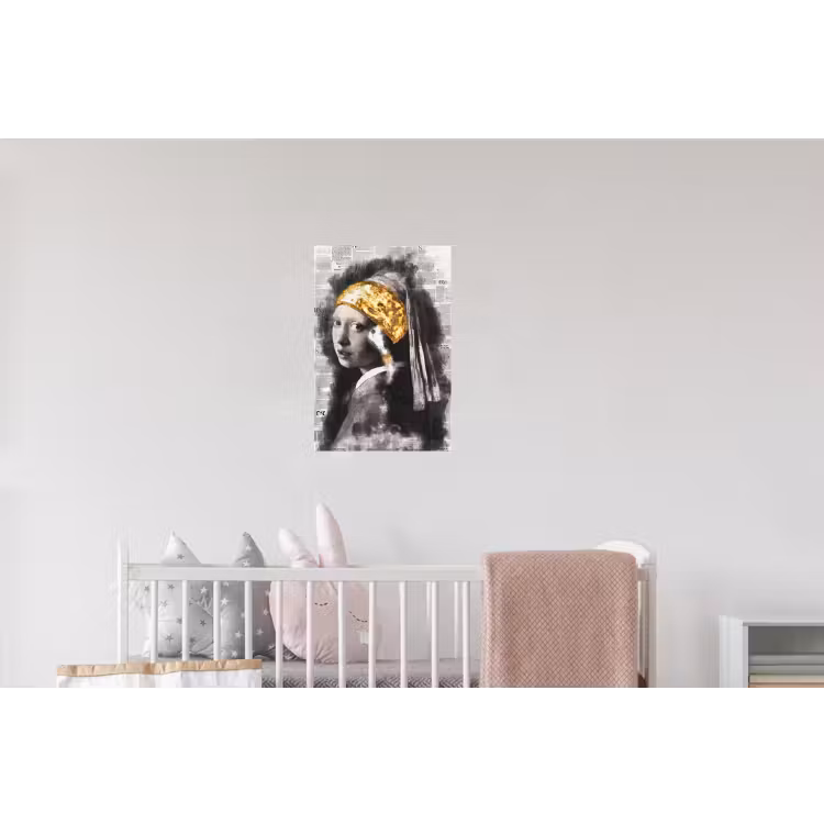 Meisje met de parel - Johannes Vermeer - Krant - Goud Muursticker klein -kinderkamer