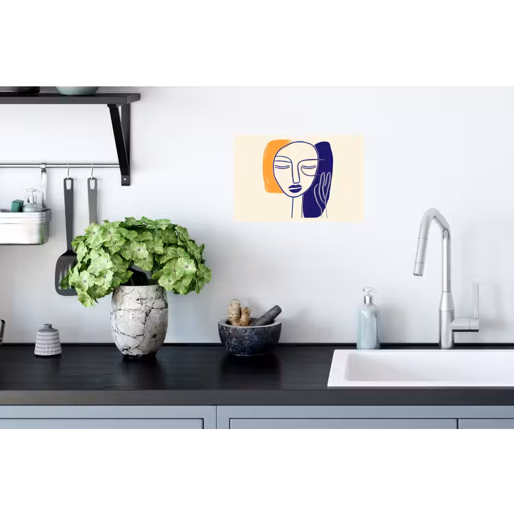 Minimalistisch - Gezicht - Hand - Oranje - Blauw Muursticker klein -keuken