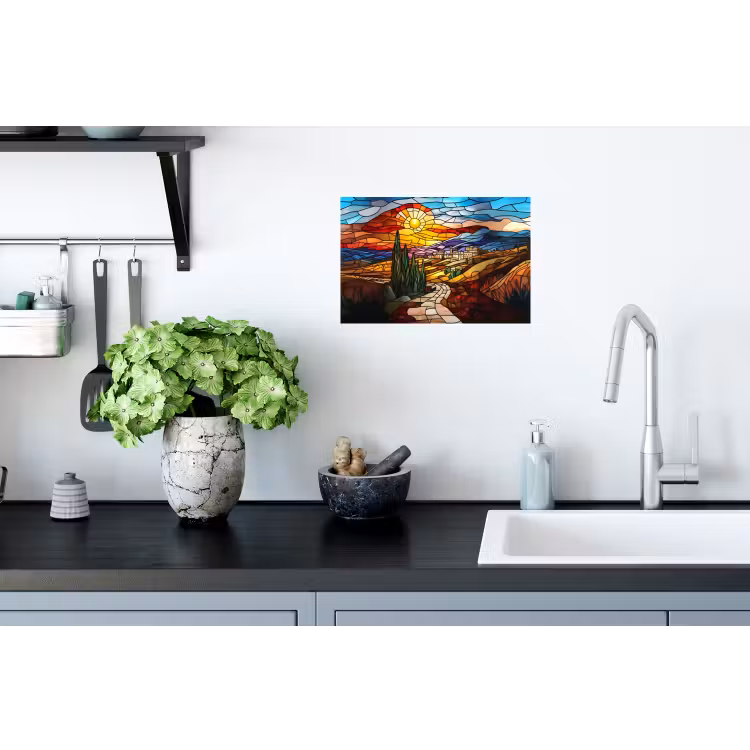 Mozaïek - Zon - Landschap - Dorp Muursticker klein -keuken