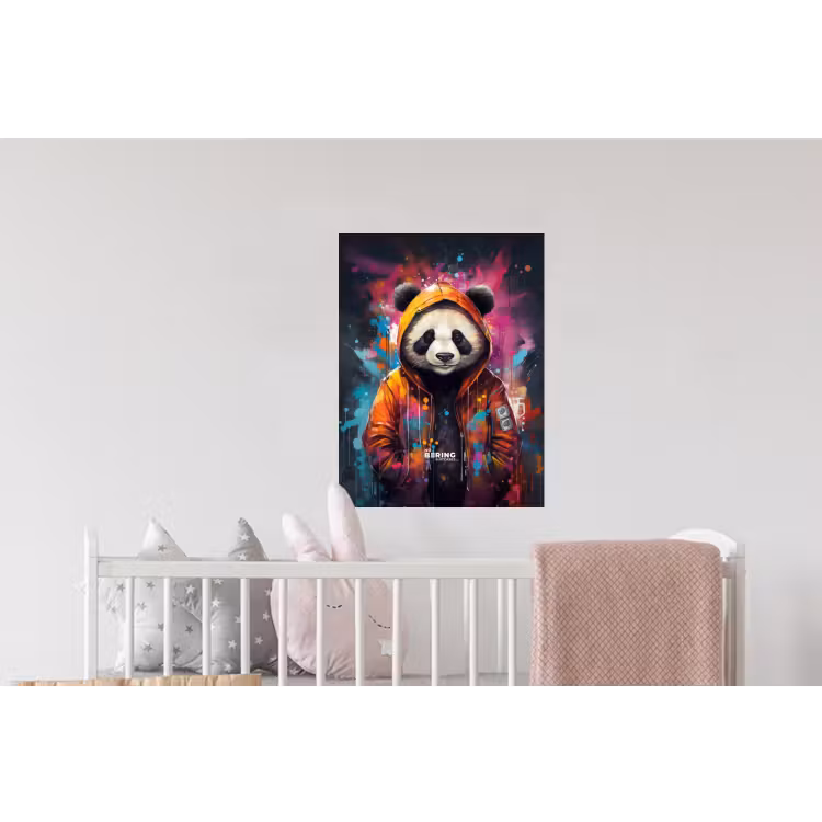 Panda met oranje jas en verfspetters Muursticker klein -kinderkamer