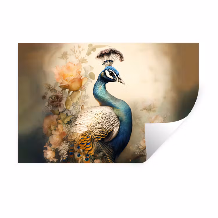 Pauw - Pauwenveren - Bloemen - Vogels - Botanisch Muursticker klein -3d