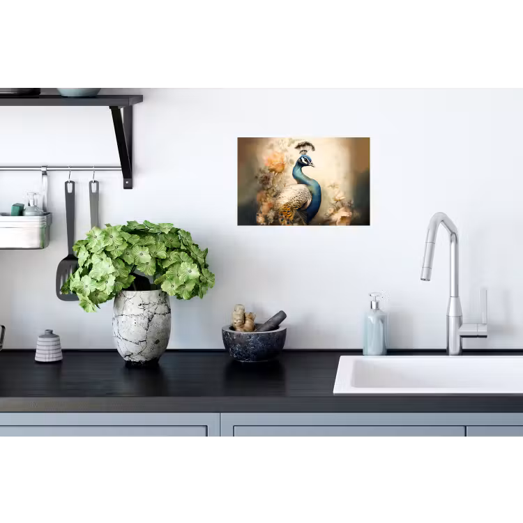 Pauw - Pauwenveren - Bloemen - Vogels - Botanisch Muursticker klein -keuken