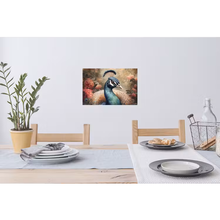 Pauw - Vogel - Bloemen - Planten - Pauwenveren Muursticker klein -eettafel