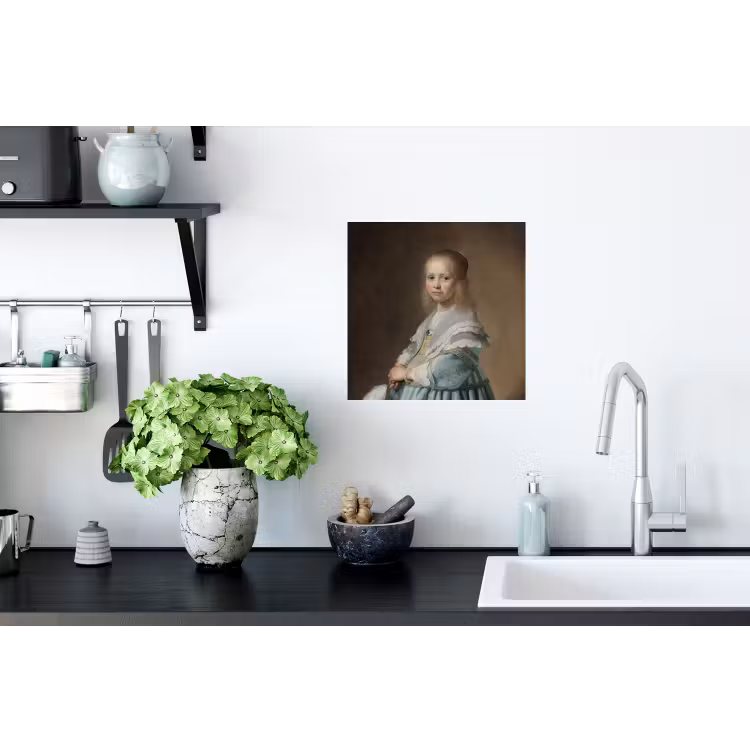 Portret van een meisje in het blauw - Schilderij van Johannes Cornelisz. Verspronck Muursticker klein -keuken