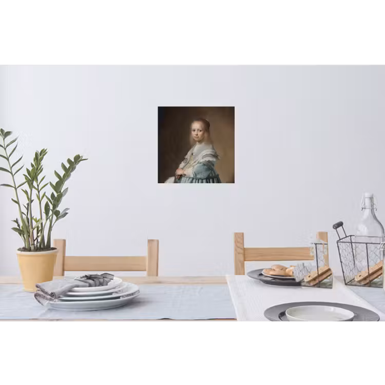 Portret van een meisje in het blauw - Schilderij van Johannes Cornelisz. Verspronck Muursticker klein -eettafel