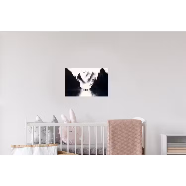 Roeiboot - Mistig - Bergen - Vogels Muursticker klein -kinderkamer