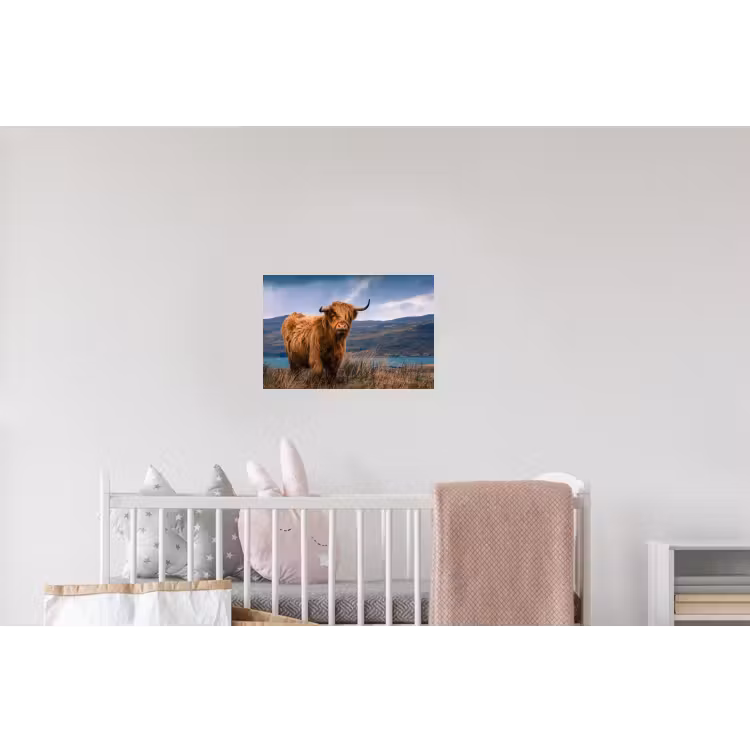 Schotse Hooglander - Berg - Water - Natuur - Koe Muursticker klein -kinderkamer