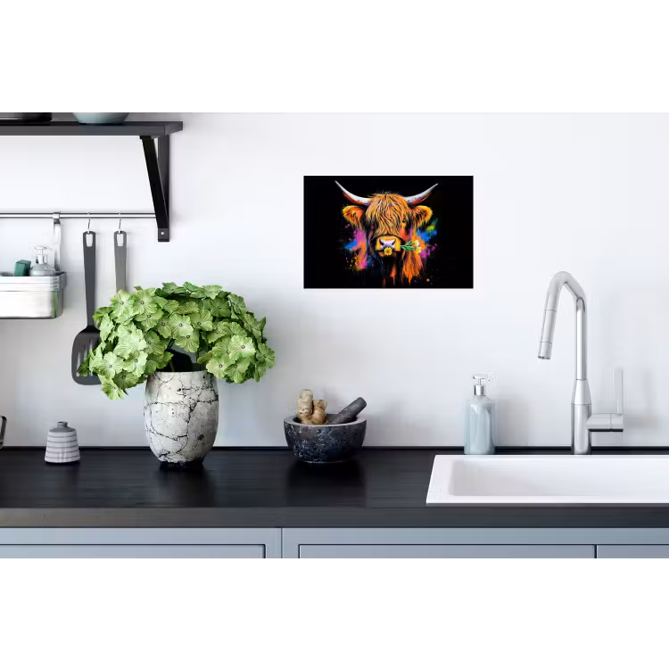 Schotse Hooglander - Graffiti - Kleurrijk - Bloem - Dieren Muursticker klein -keuken