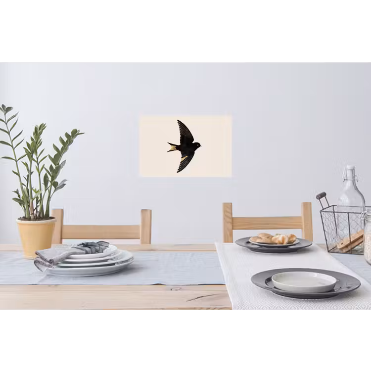 Zwarte zwaluw - Gouden accenten - Lichte achtergrond Muursticker klein -eettafel