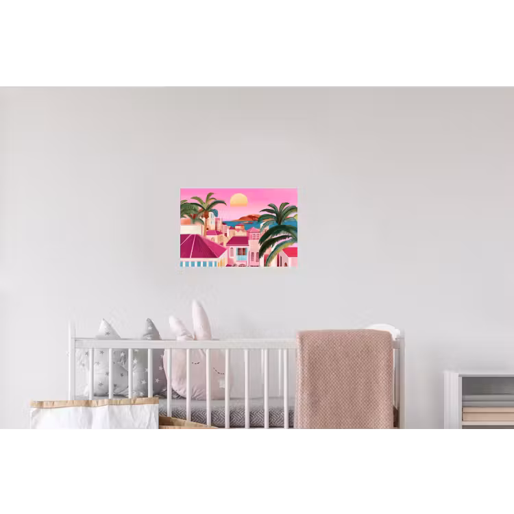 Stad - Roze - Palmbomen Muursticker klein -kinderkamer
