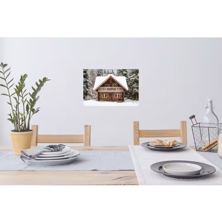 Huis - Bos - Winter - Natuur - Sneeuw Muursticker klein -eettafel
