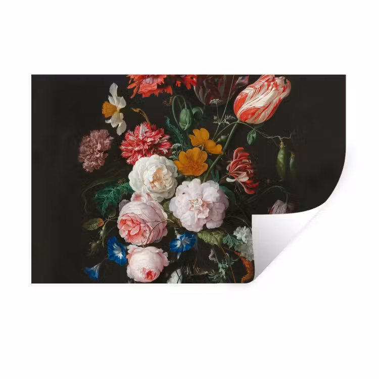 Stilleven met bloemen in een glazen vaas - Schilderij van Jan Davidsz. de Heem Muursticker klein -3d