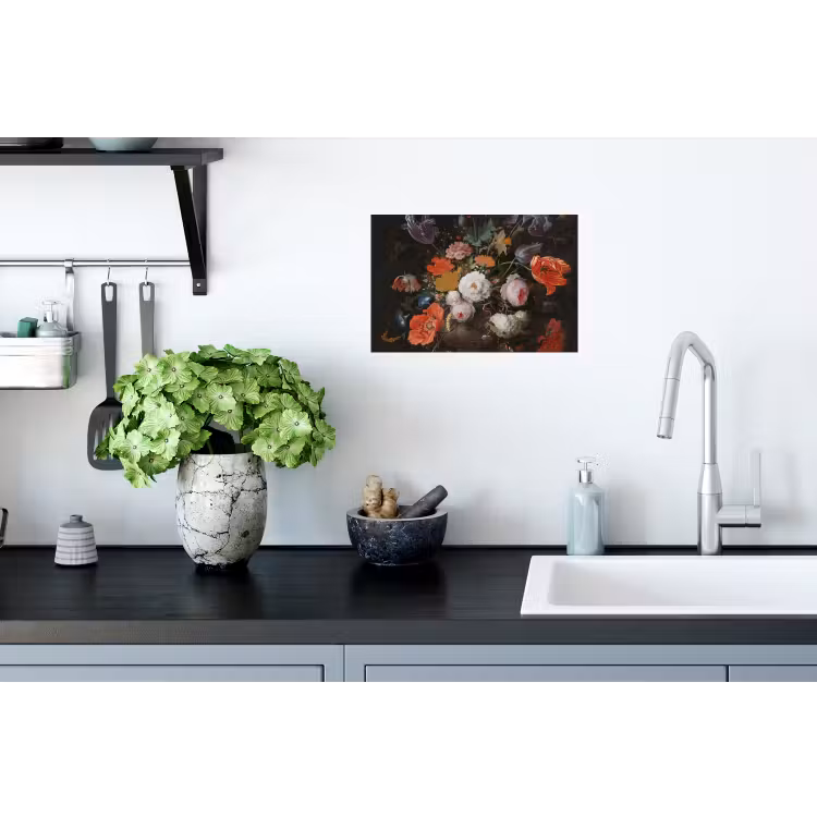 Stilleven met bloemen en een horloge - Schilderij van Abraham Mignon Muursticker klein -keuken