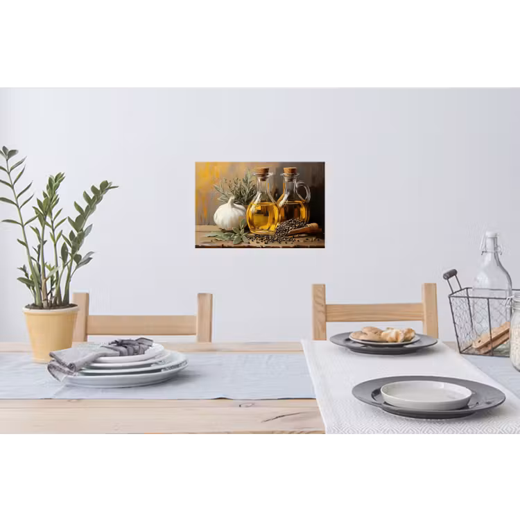 Stilleven - Olijfolie - Knoflook - Kruiden Muursticker klein -eettafel