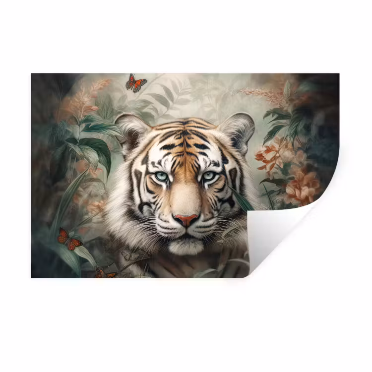 Tijger - Vlinders - Dieren - Jungle - Bloemen Muursticker klein -3d