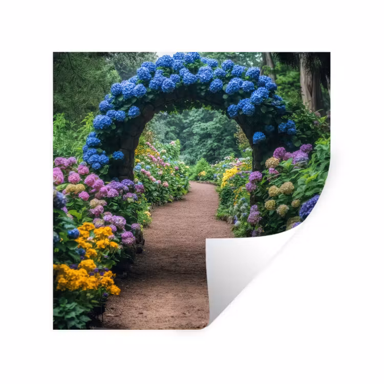 Doorkijk - Bloemen - Hortensia - Pad Muursticker klein -3d
