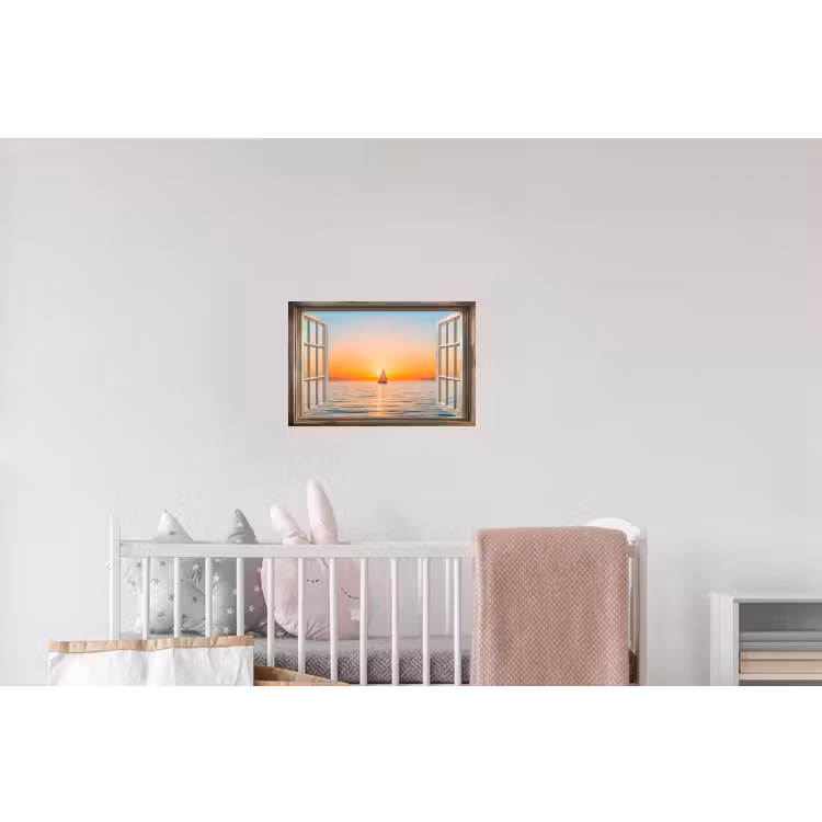 Doorkijk - Zee - Boot - Zonsondergang Muursticker klein -kinderkamer