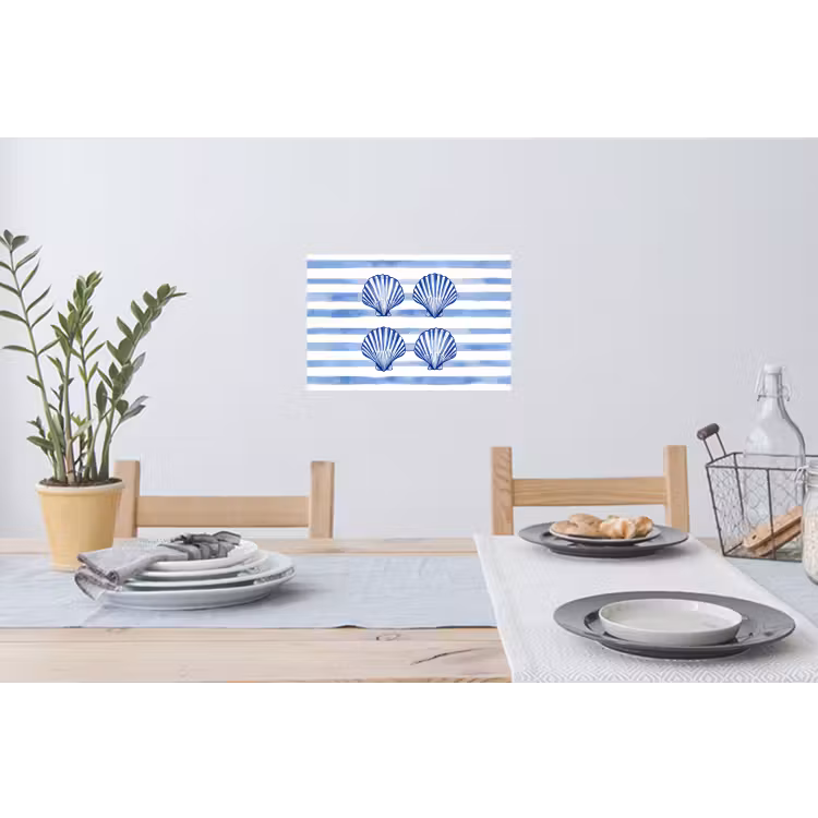 Vier schelpen - Blauw - Wit - Strepen Muursticker klein -eettafel