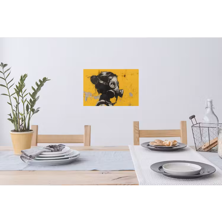 Vintage - Street art - Meisje - Masker - Geel - Banksy Muursticker klein -eettafel