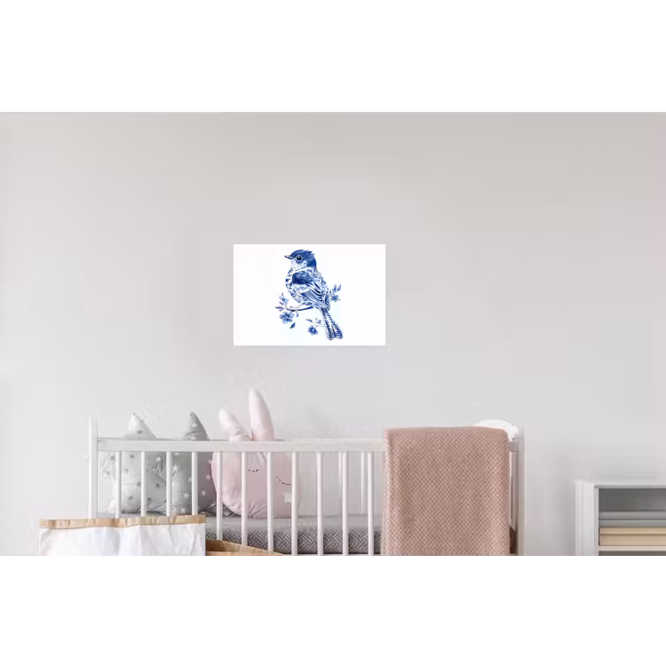 Vogel - Delfts blauw - Illustratie - Bloemen Muursticker klein -kinderkamer