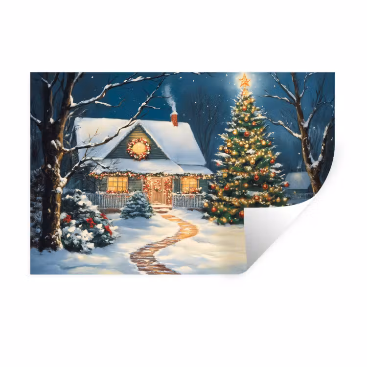 Kerst - Kerstboom - Winter - Huis - Sneeuw Muursticker klein -3d