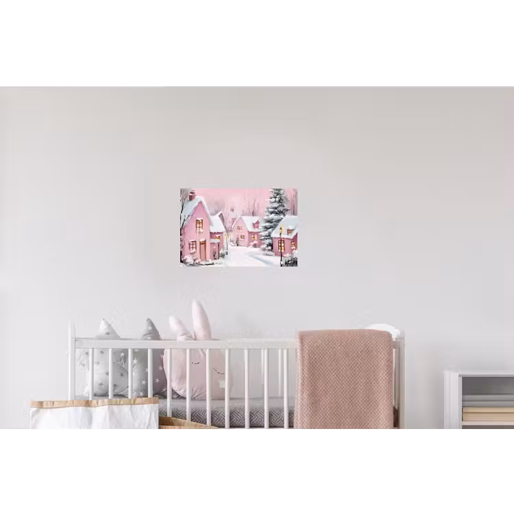 Kerstdorp - Roze - Winter - Sneeuw - Huizen Muursticker klein -kinderkamer