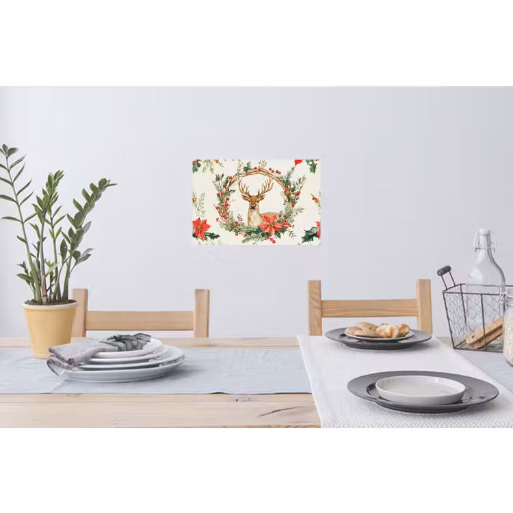 Kerstkrans - Hert - Hulst - Rood Muursticker klein -eettafel