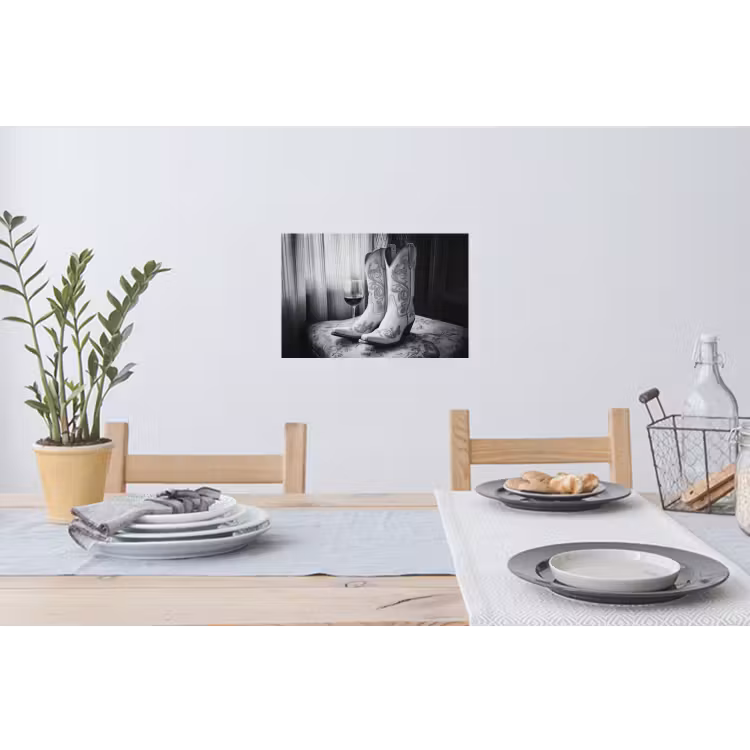 Wijn - Cowboylaarzen - Raamlicht - Wit Muursticker klein -eettafel