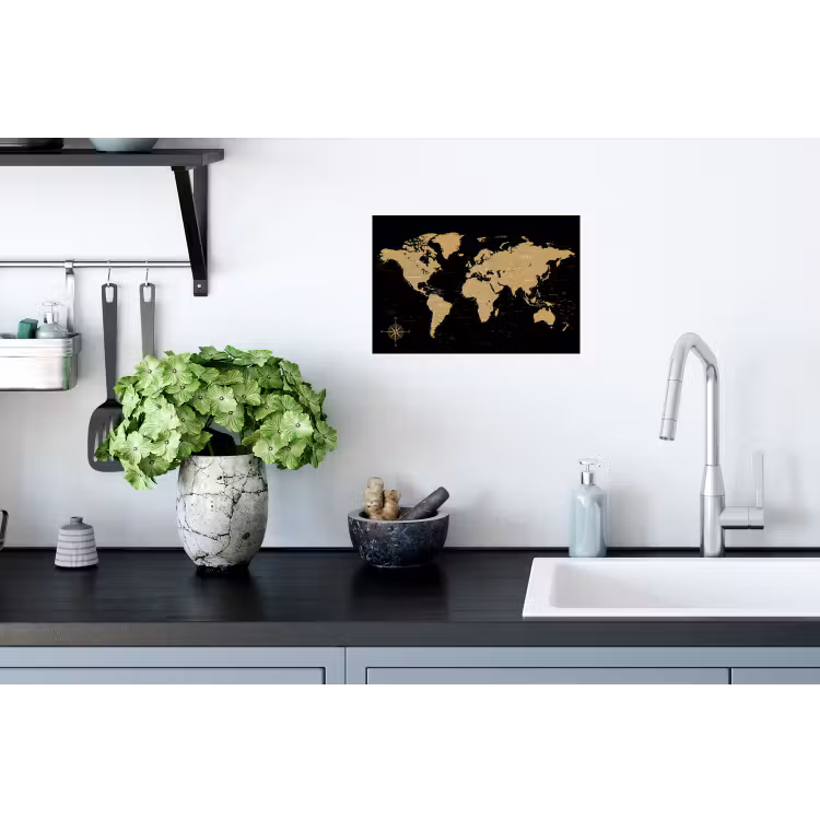 Wereldkaart - Beige - Zwart Muursticker klein -keuken