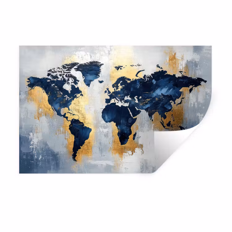 Wereldkaart - Blauw - Abstract Muursticker klein -3d