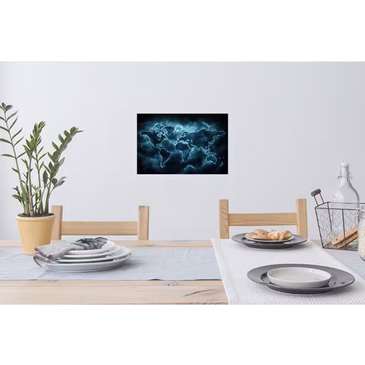 Wereldkaart - Bliksem - Blauw Muursticker klein -eettafel