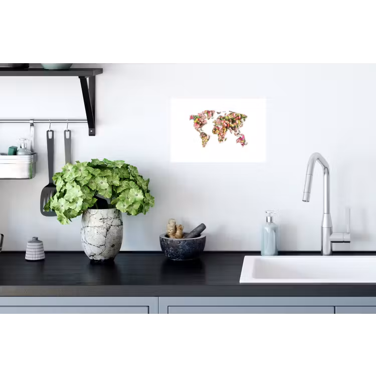 Wereldkaart - Bloemen - Felgekleurd Muursticker klein -keuken