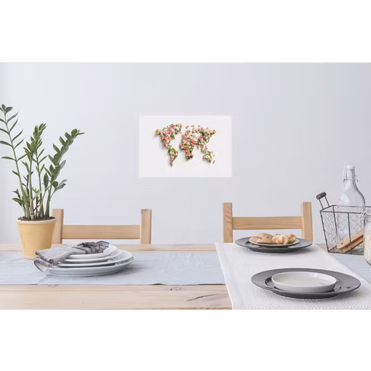 Wereldkaart - Bloemen - Subtiel Muursticker klein -eettafel