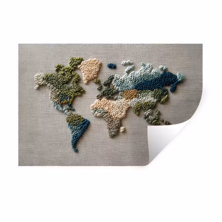 Wereldkaart - Geborduurd - Aardetinten Muursticker klein -3d