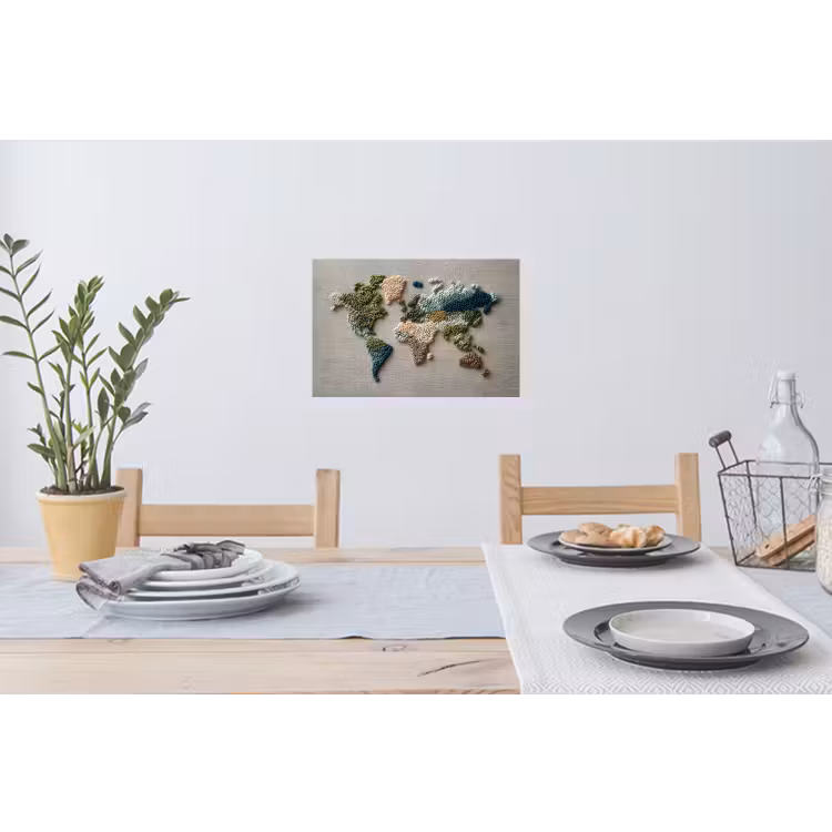 Wereldkaart - Geborduurd - Aardetinten Muursticker klein -eettafel