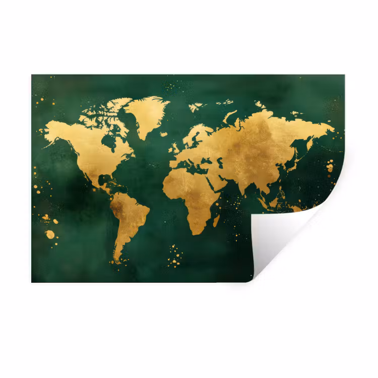 Wereldkaart - Groen - Goud Muursticker klein -3d