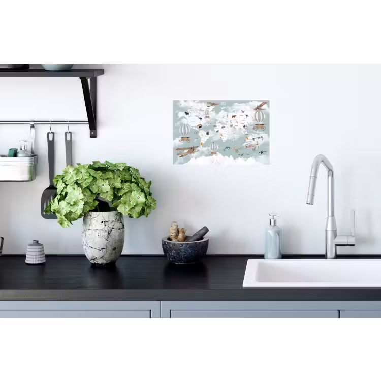 Wereldkaart - Kind - Vliegtuig Muursticker klein -keuken