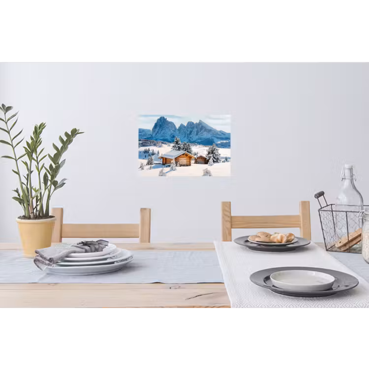 Winter - Huisje - Bergen - Uitzicht - Sneeuw Muursticker klein -eettafel
