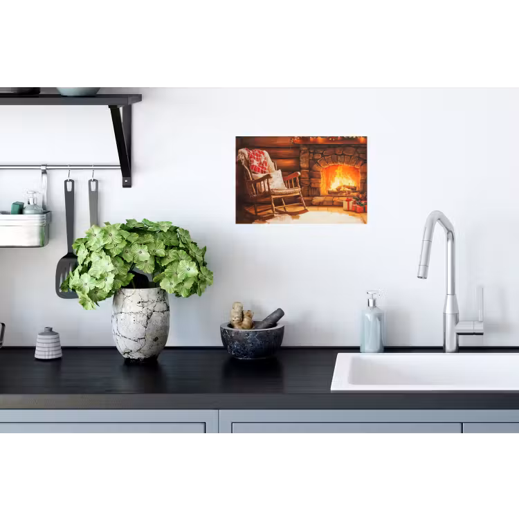Winter - Kerst - Huis - Openhaard Muursticker klein -keuken